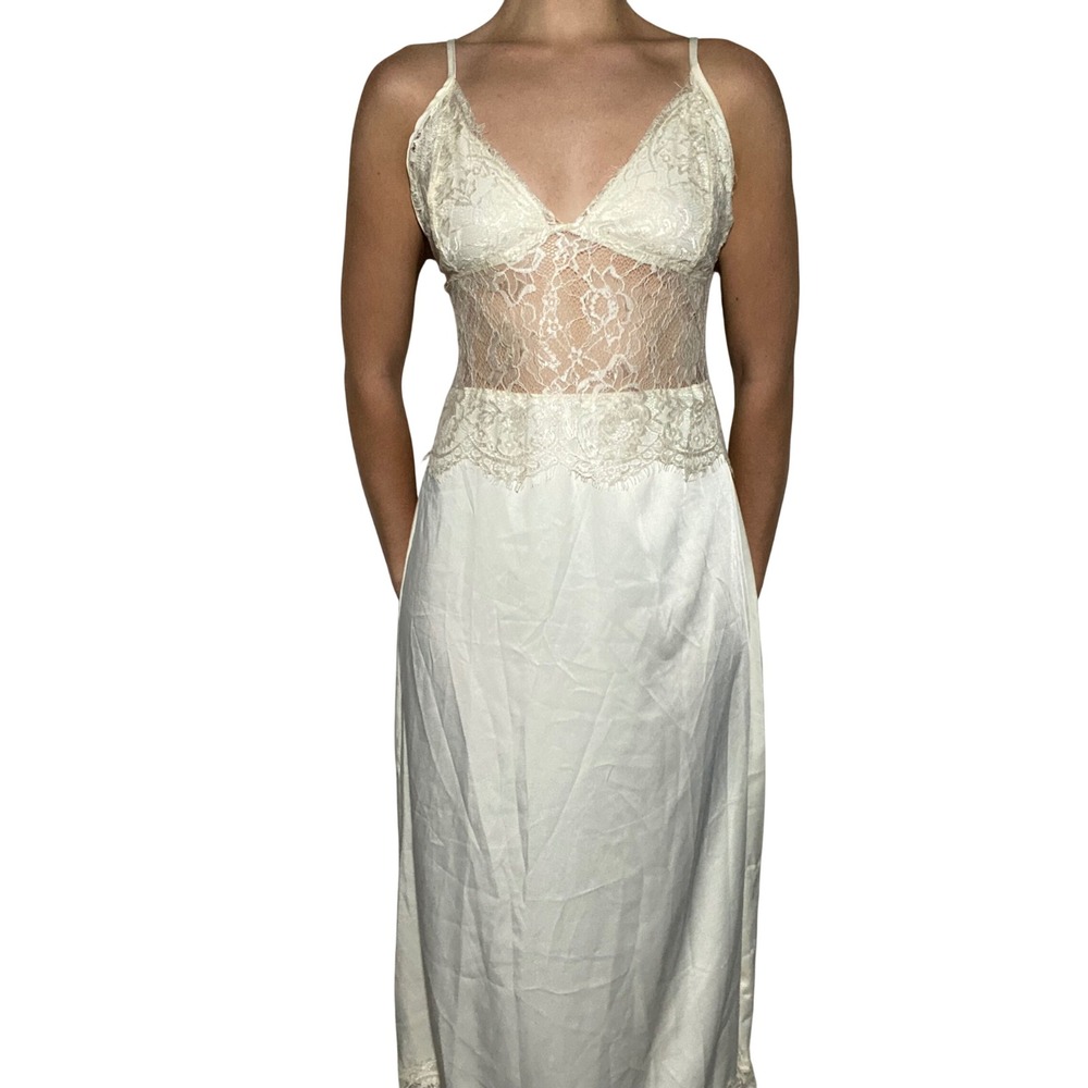Dainty Feminine Chic Bridal Ivory Satin Maxi Dress Lace Sexy Elegant Boudoir - L